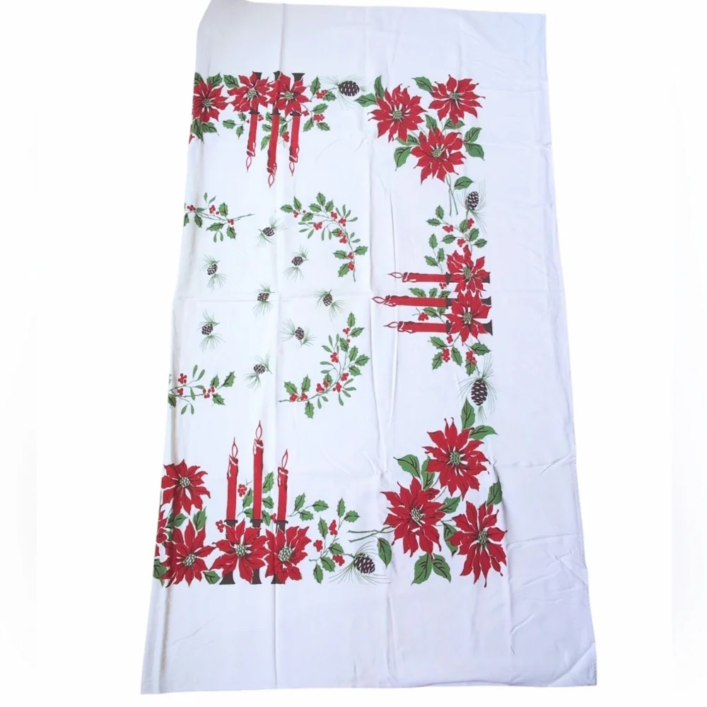 Vintage Tablecloth Christmas White with Poinsettias Pinecones 64